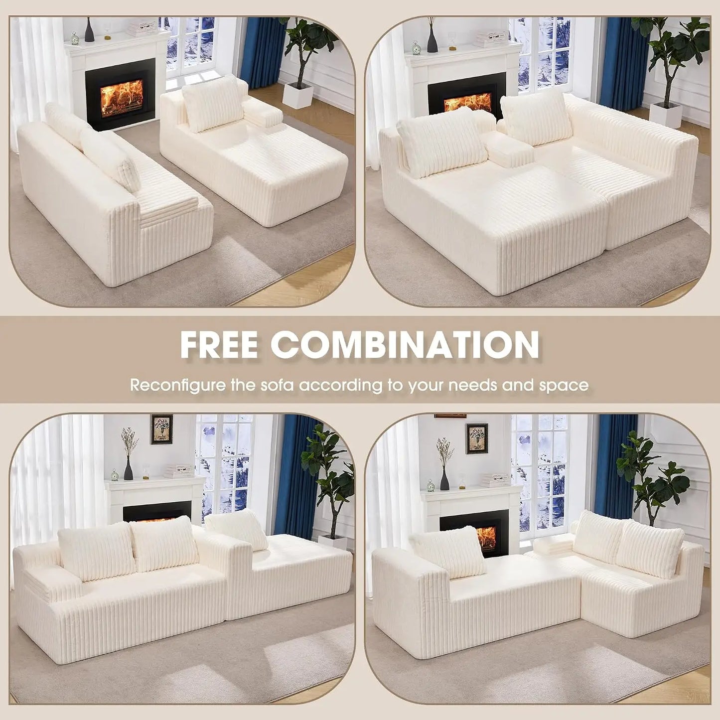 Modular Sectional Sofa Boneless Couch L-Shape Couch 3 Seat Modular Couch Memory Foam Sectional Couches for Living Room, Custom