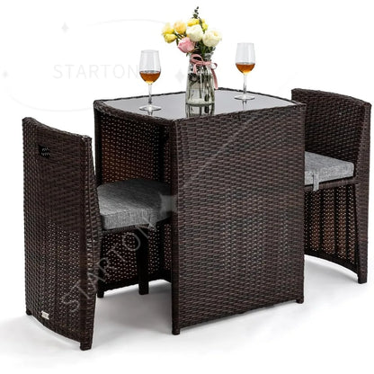 3-piece wicker patio bistro set, glass top table and chairs for small space balcony dining
