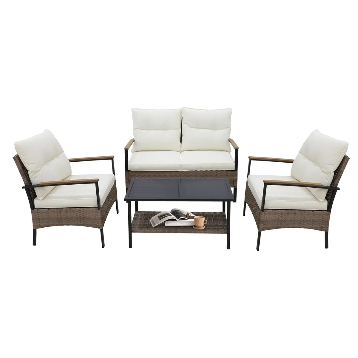 Outdoor Patio Furniture Set, Outdoor Conversation Set, Rattan Wicker Sofa, Loveseat, 2 Patio Chairs and Coffee Tabl