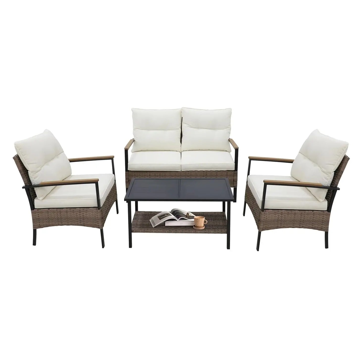 Outdoor Patio Furniture Set, Outdoor Conversation Set, Rattan Wicker Sofa, Loveseat, 2 Patio Chairs and Coffee Tabl