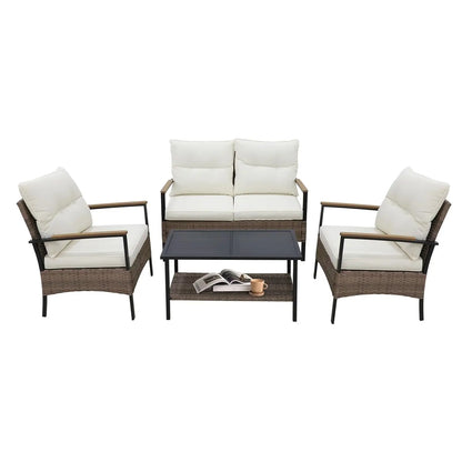 Outdoor Patio Furniture Set, Outdoor Conversation Set, Rattan Wicker Sofa, Loveseat, 2 Patio Chairs and Coffee Tabl