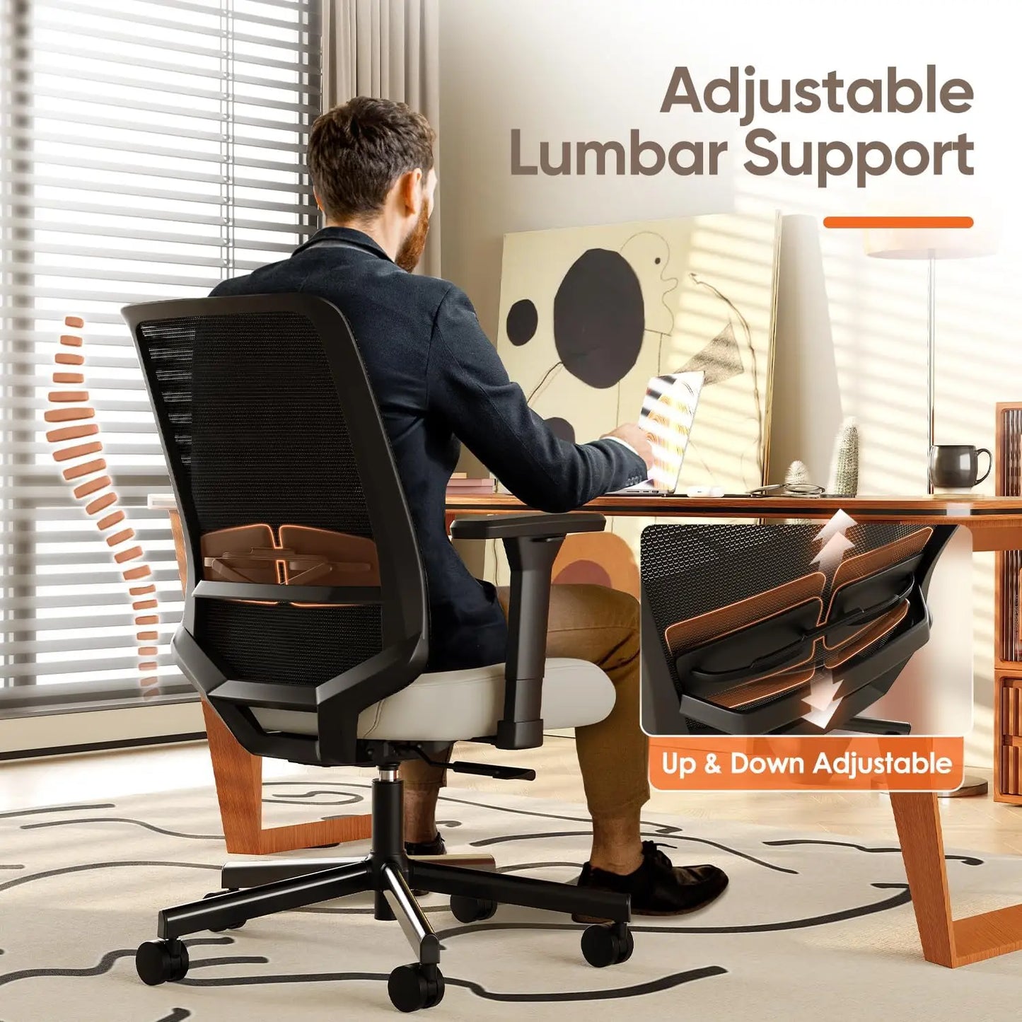 Ergonomic Office Chair with Lumbar Support, 3D Armrests, Tilt Function, Breathable Mesh for Home & Office