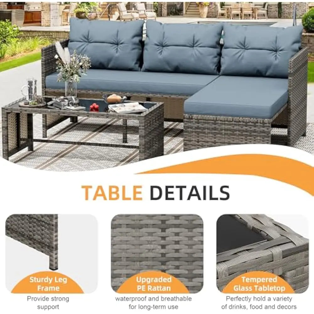 3-Piece Outdoor Patio Furniture Set, Wicker Patio sectional Sets, Rattan Patio Seating Sofas w/Glass Coffee Table and Cushion