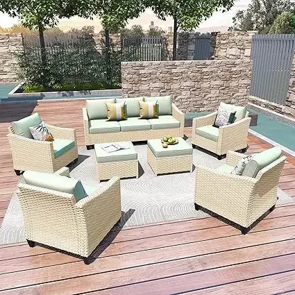 Wicker Patio Furniture Set Modern Outdoor Conversation  Sofa with Cushion and Ottomans for Garden, Poolside, Backyard
