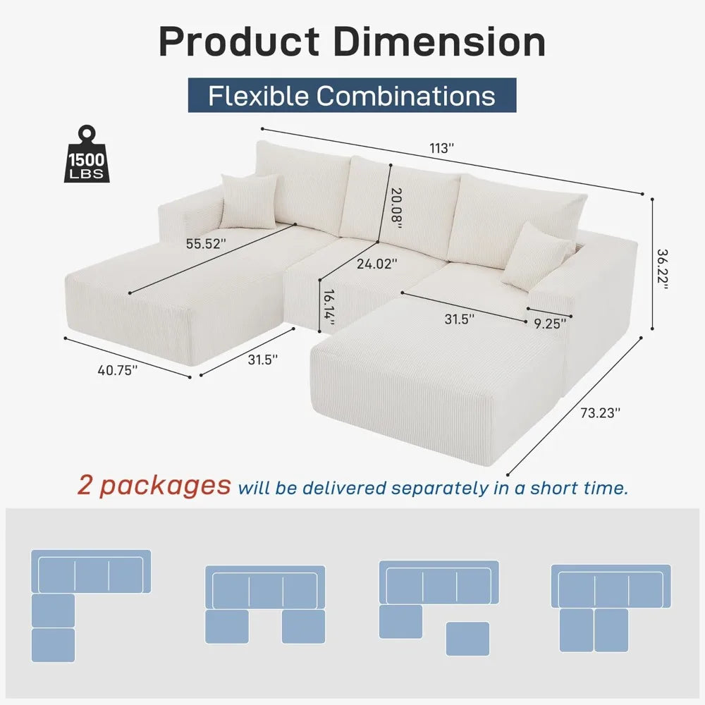 beige 113" sectional cloud boneless sofa, 3 seater u-shaped modern modular lounge couch for living room, no assembly required