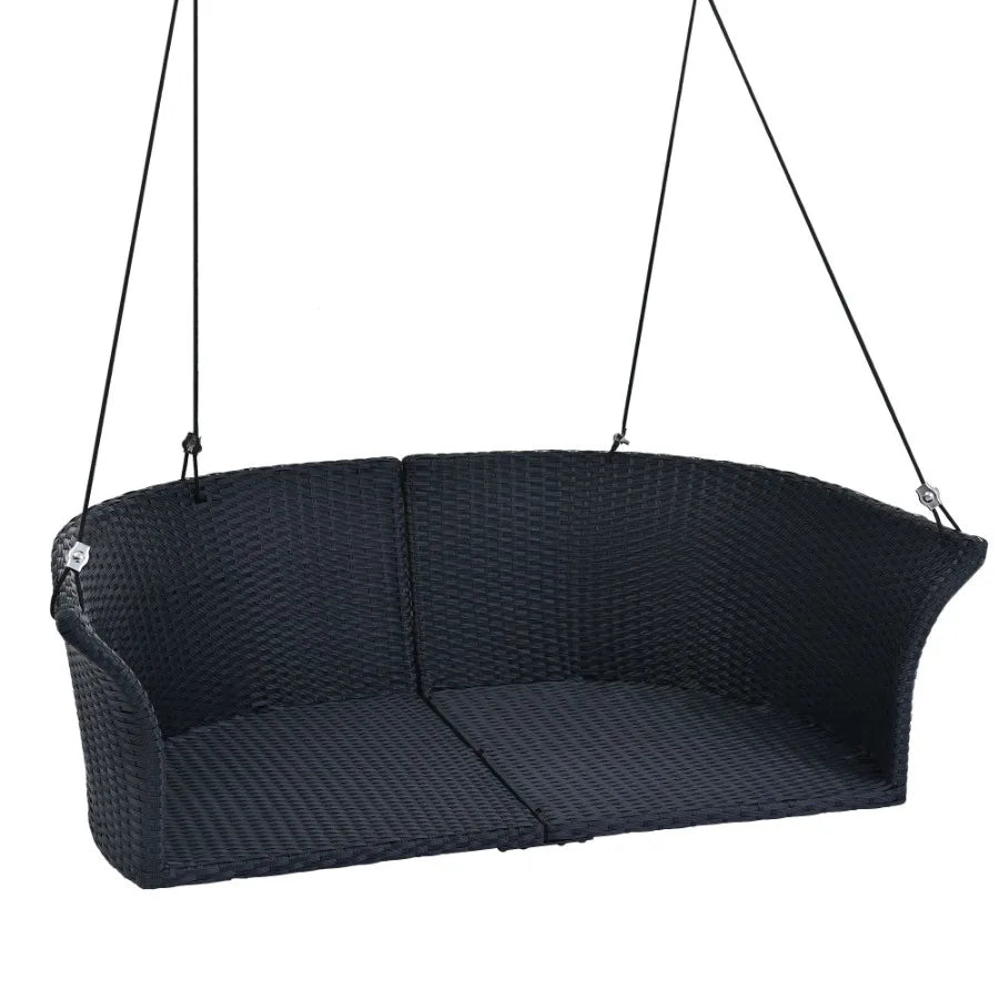 GO 51.9 2Person Hanging Seat Rattan Woven Swing Chair Porch Swing With Ropes Black Wicker And White Cushion