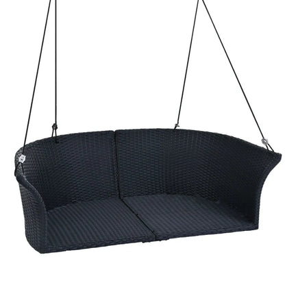 GO 51.9 2Person Hanging Seat Rattan Woven Swing Chair Porch Swing With Ropes Black Wicker And White Cushion