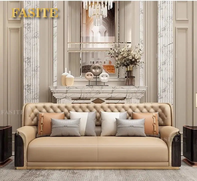 Italian light luxury leather sofa modern high-end straight row villa large flat floor