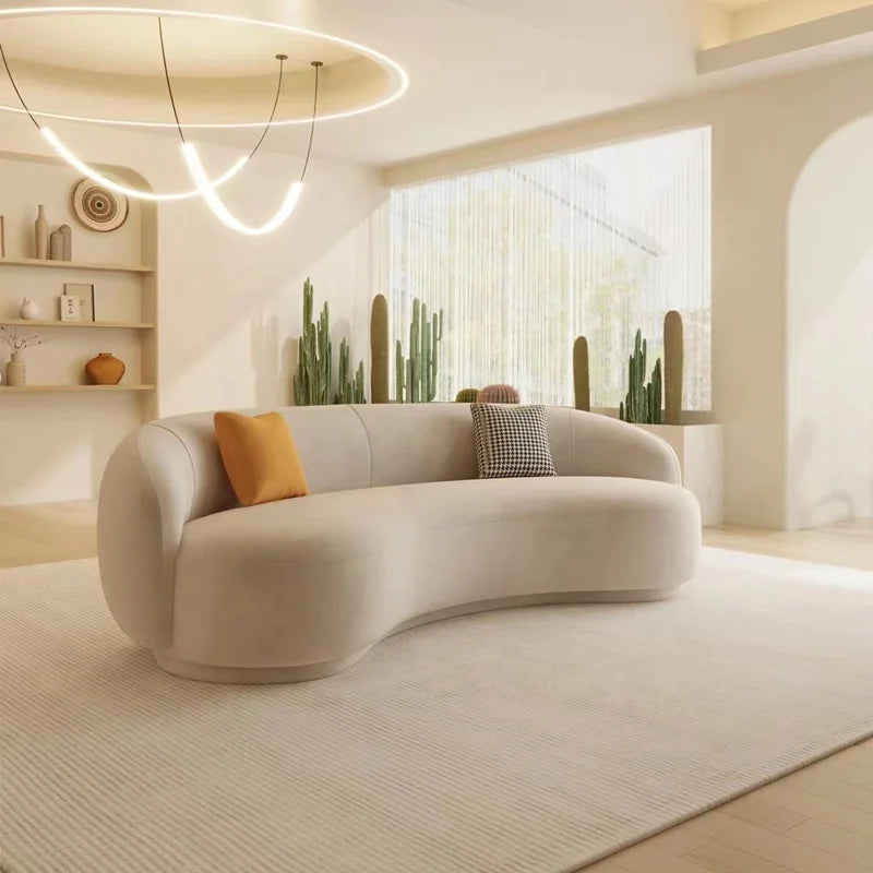 New Design White Long Curved Sofa Luxury Lambswool Fabric Corner Sofa Modern Living Room Upholstery Velvet Sofa Set Furniture