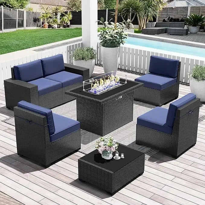 7-Piece Outdoor Patio Furniture with 44-inch Fire Pit Table Rattan Sectional Sofa Conversation Set