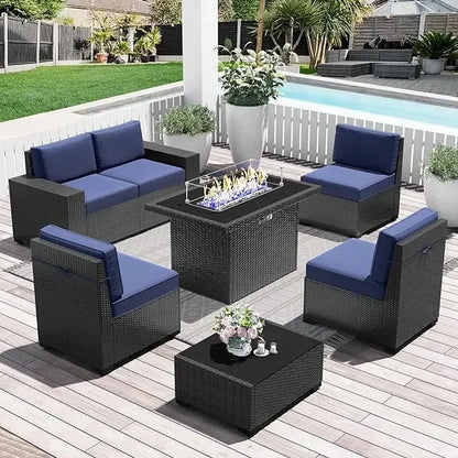 7-Piece Outdoor Patio Furniture with 44-inch Fire Pit Table Rattan Sectional Sofa Conversation Set