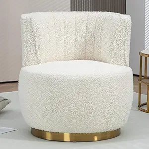 White Modern Swivel Chair, Round Upholstered Comfortable Accent Chair, Sherpa-Fabric Chair with Gold Base for Nurseries
