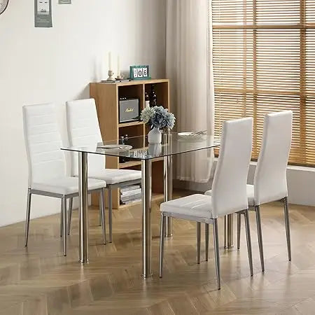 Dining Room Table Set for 4 Dining Table Set with Tempered Glass Table Top and 4 Faux Leather Chairs for Small Spaces Kitchen