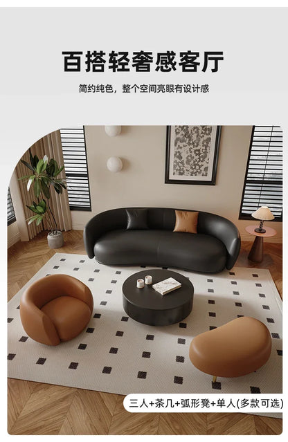 small apartment curved beauty salon Internet celebrity clothing store, rest area negotiation, black leather sofa
