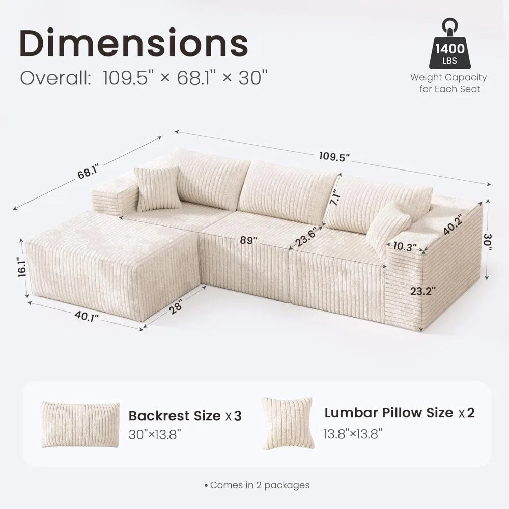 109.5" Modular Sectional Sofa, Modern L-Shape Cloud Sectional Couch with Deep Seat, Comfy Corduroy Fluffy Couch for Living Room