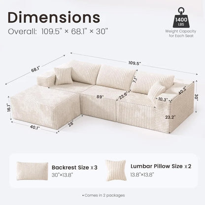 109.5" Modular Sectional Sofa, Modern L-Shape Cloud Sectional Couch with Deep Seat, Comfy Corduroy Fluffy Couch for Living Room