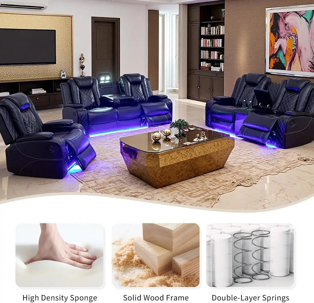 Power Recliner Sofa Set, Black Leather 3 Pieces Sectional Couch, Living Room Furniture Sets with LED Light, Modern Power