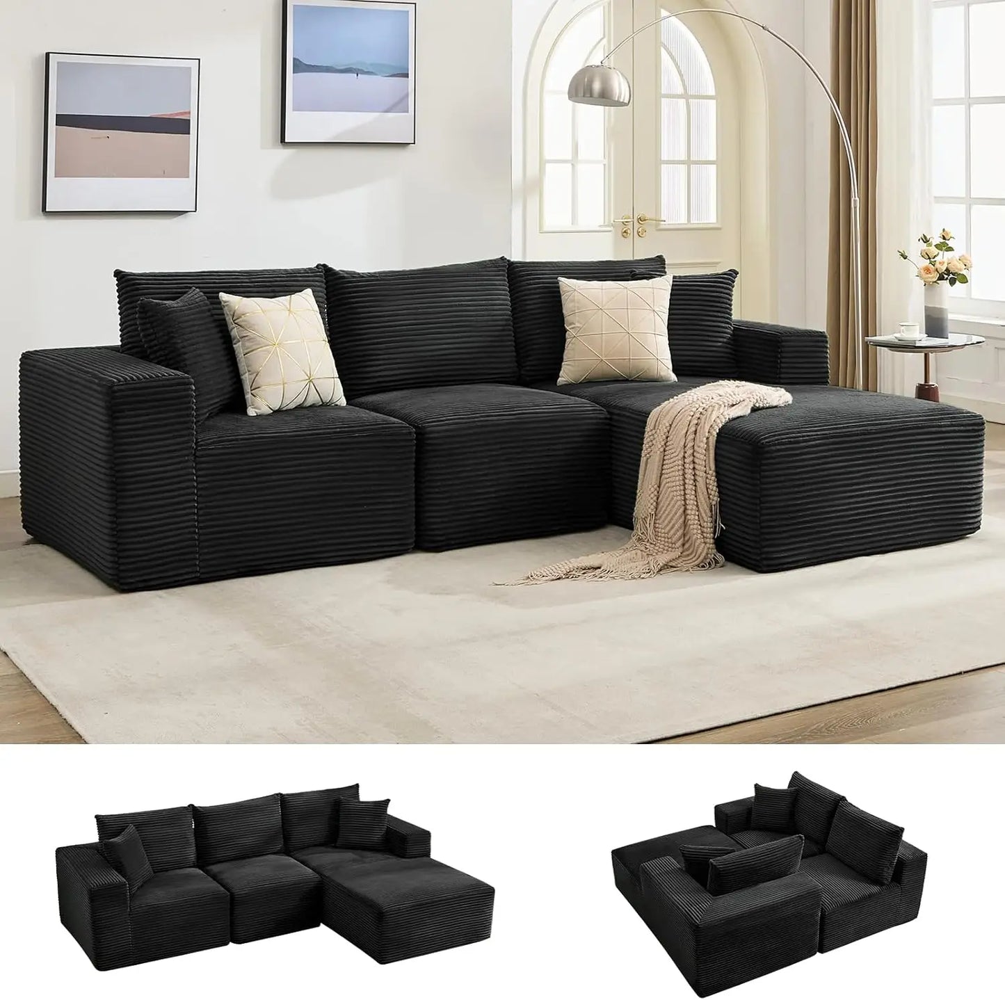 118" Compressed Sofa for Living Room L Shaped Boneless Couch, Modular Sectional Sofa, Sofa Bed Memory Foam Couches with Chaise