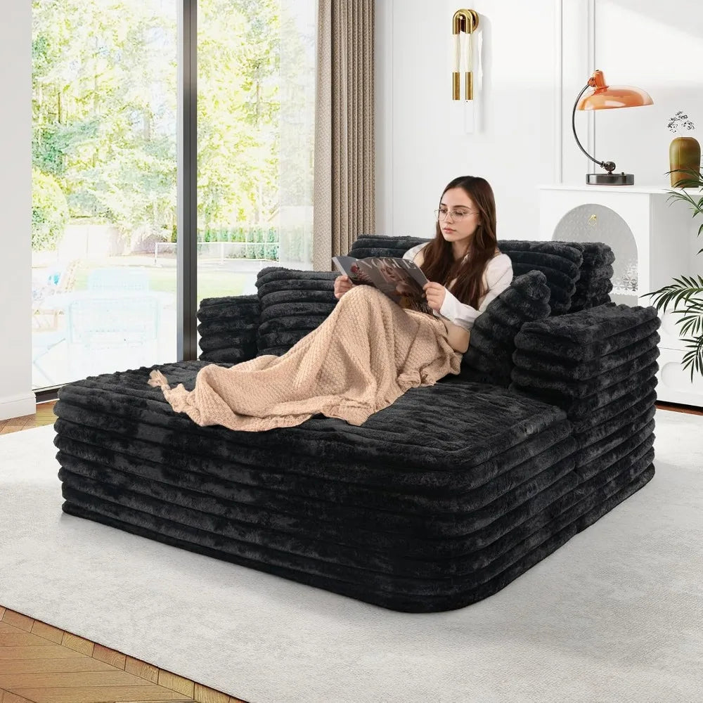 Oversized Plush Faux Fur Chaise Lounge Chair Indoor Sleeper Sofa Couch Bed with Pillows and Wide Armrests, Comfy Cloud Sofa for