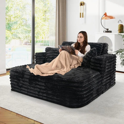 Oversized Plush Faux Fur Chaise Lounge Chair Indoor Sleeper Sofa Couch Bed with Pillows and Wide Armrests, Comfy Cloud Sofa for