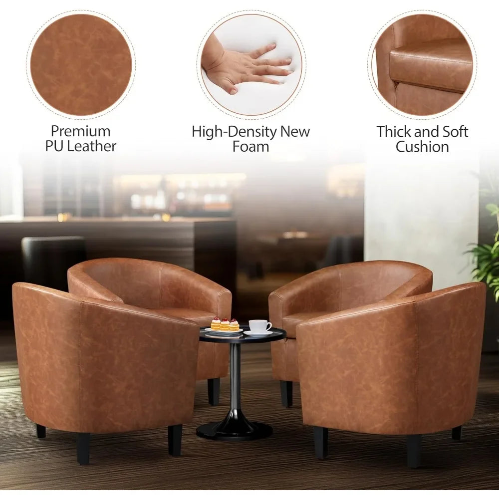 Brown Accent Chairs Set Of 2 Faux Leather Barrel Chairs Comfy Modern Leather Club Armchairs With Soft Seat For Living Room
