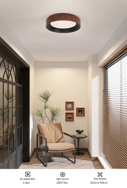 Nordic LED Ceiling Light Circular Walnut Wood Grain Aisle Light Dressing Room Corridor Balcony Decoration Indoor Ceiling Lamp