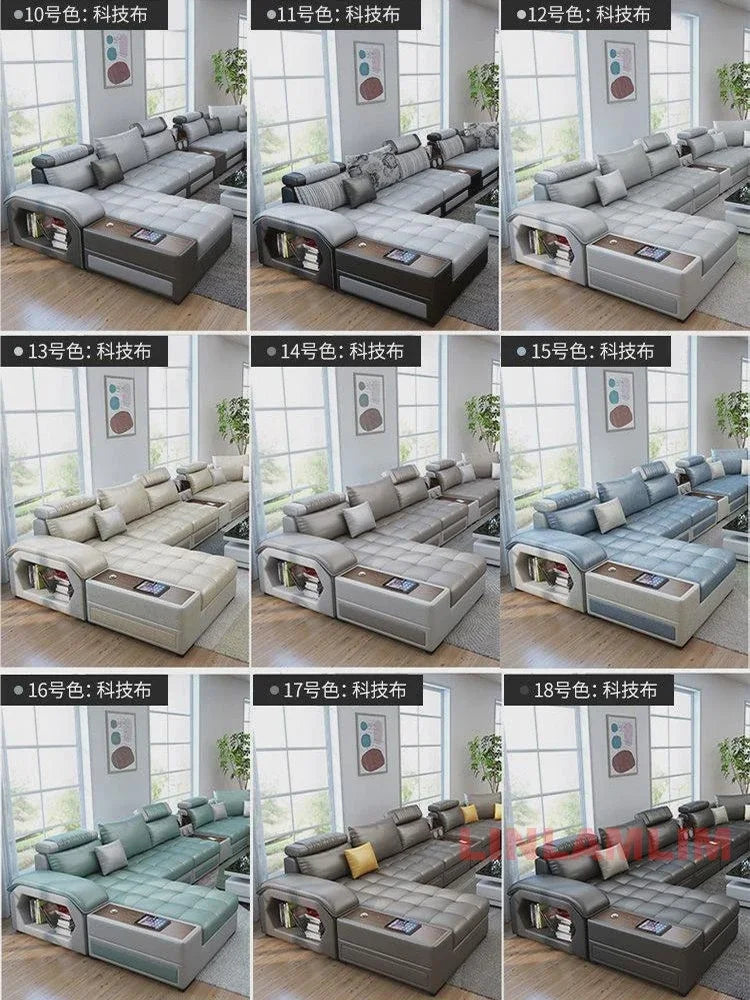 MANBAS U-Shaped Sectional Fabric Sofa Set - Modern Living Room Furniture with Storage, Built-in Side Tables, USB, and Cushions