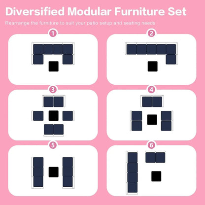 7-Piece Outdoor Rattan Sectional Sofa Set, Gray Wicker Patio Furniture Sets with Navy Blue Cushions for Balcony, Porch, Backyard