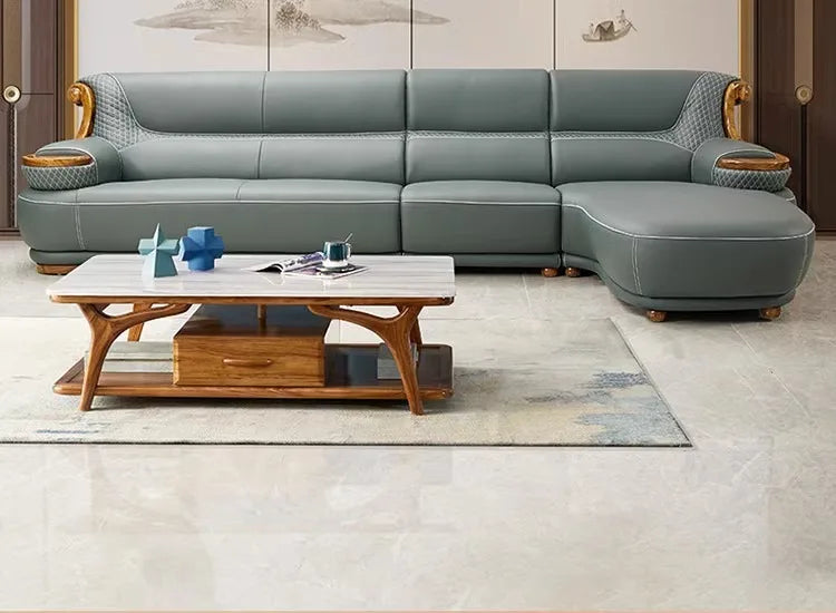Modern minimalist, ebony leather sofa, new Chinese combination