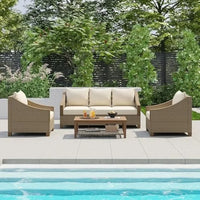 ad 4-Piece Furniture Outdoor Conversation Sofa Set with Wooden Coffee Table and Cushions Seating, 5 People Patio Couch Sectional