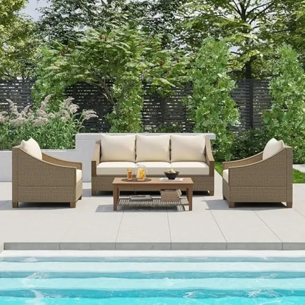ad 4-Piece Furniture Outdoor Conversation Sofa Set with Wooden Coffee Table and Cushions Seating, 5 People Patio Couch Sectional