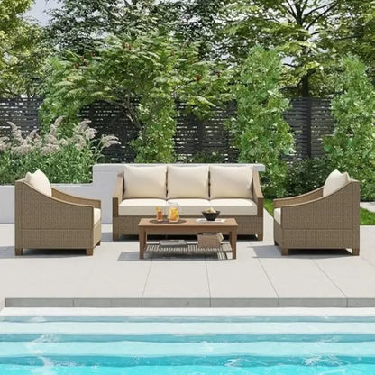 ad 4-Piece Furniture Outdoor Conversation Sofa Set with Wooden Coffee Table and Cushions Seating, 5 People Patio Couch Sectional