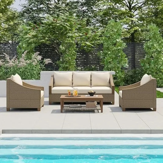 ad 4-Piece Furniture Outdoor Conversation Sofa Set with Wooden Coffee Table and Cushions Seating, 5 People Patio Couch Sectional