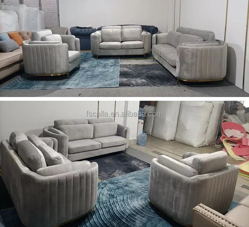 Luxury Couch Living Room Furniture Curved Vanity Home Fabric Sofa Set Gold Stainless Steel Leg Upholstery Velvet Sofas