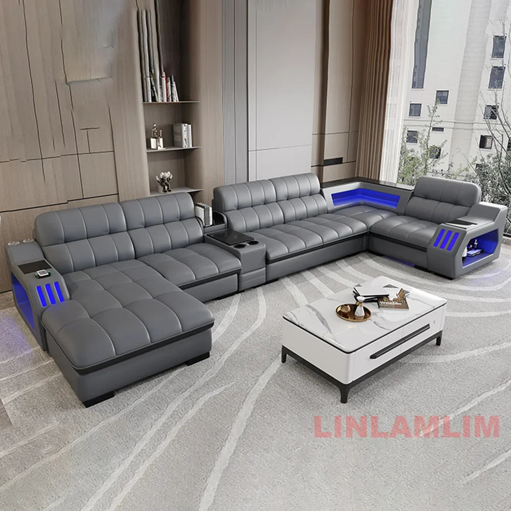 Modern Sectional Sofa Bed with LED Light, Electric Recliner and Massage | Living Room Genuine Leather Couch with Cup Holder, USB