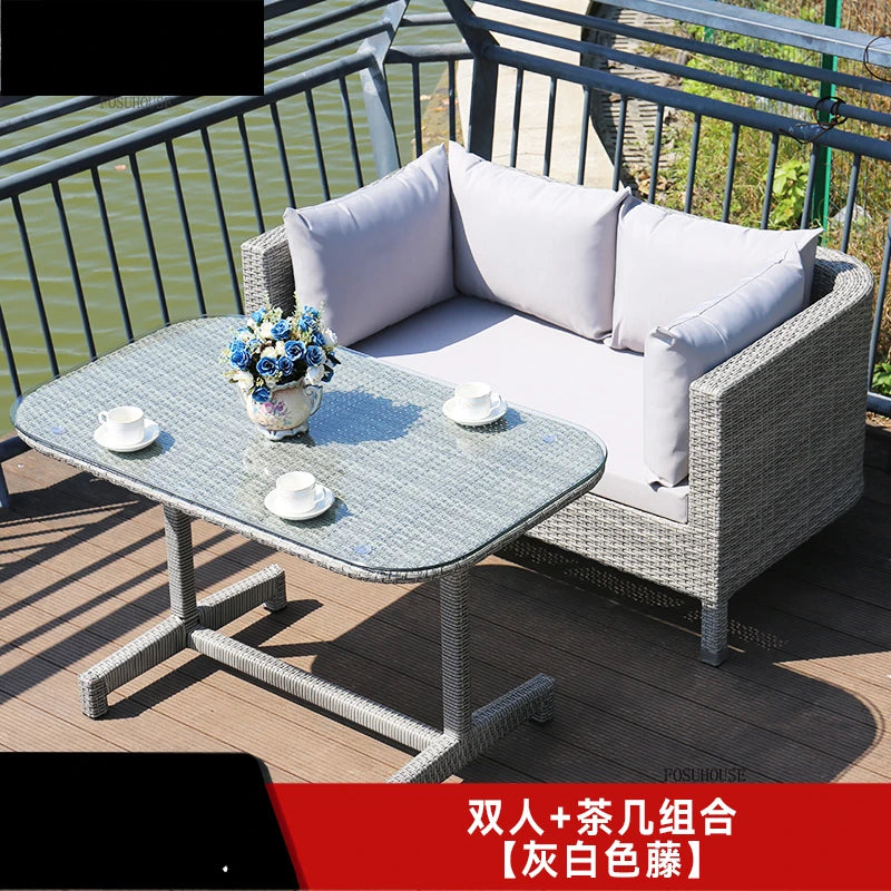 European Outdoor Garden Sofas Leisure PE Rattan Garden Terrace Sofa Chair Set Courtyard Balcony Double Sofa Outdoor Furniture AA