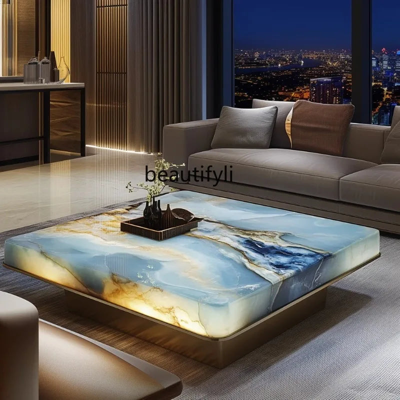 Natural marble new Chinese color luxury stone high-grade luminous jade living room minimalist villa square tea table