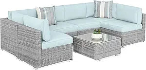 Seven Piece Modular Set, Outdoor Sectional Wicker Patio, Conversation With Two Pillows, Coffee Table Cover Included