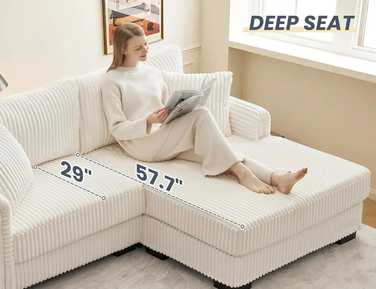 L-Shaped Sectional Sofa, Oversized Loveseat Corduroy Couch with Reversible Chaise, USB Charging Port, Side Pocket, Deep Seat Cor