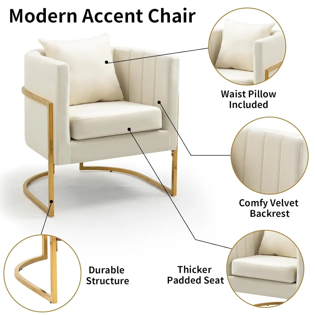 Velvet Modern Accent Chair, Upholstered Barrel Armchair Mid Century with Pillow for Living Room, Comfy Single, Customized