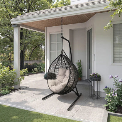 Modern Outdoor Garden Patio Courtyard Aluminium Metal Hanging Egg Swing With Stand Rattan Egg Swing Chair