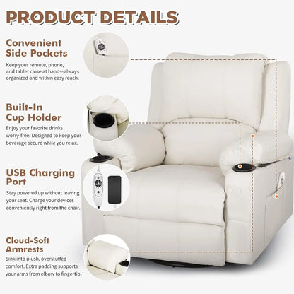 Leather Swivel Rocker Recliner Chair with Massage and Heat Overstuffed Manual Recliner Chairs with Cup Holders, Rocking Glider C