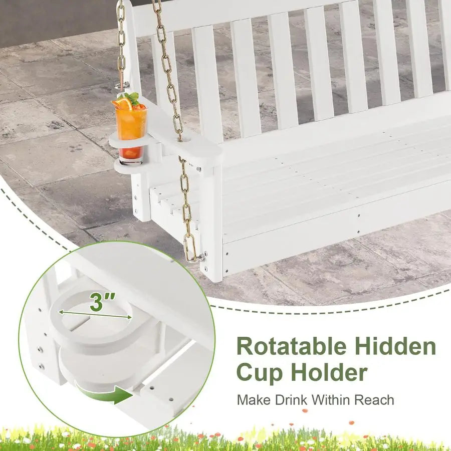 2 Person Hanging Porch Swing, Outdoor Bench Swing with Adjustable Chains, Hidden Cup Holder, HDPE Tree Swing Chair for Patio Ba