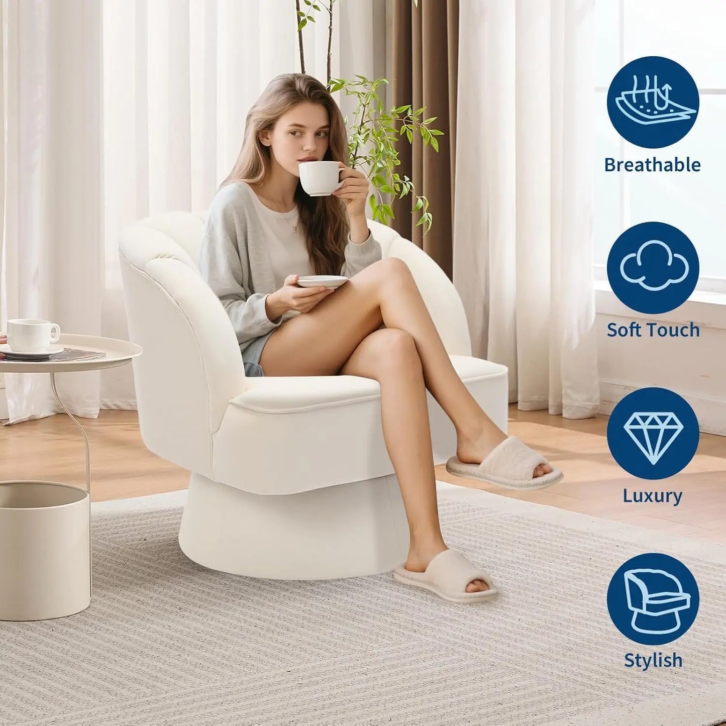 360° Swivel Barrel Accent Chair Modern Round Armchair with Striped Backrest & Plush Padding Velvet Fabric Upholstered Armchair