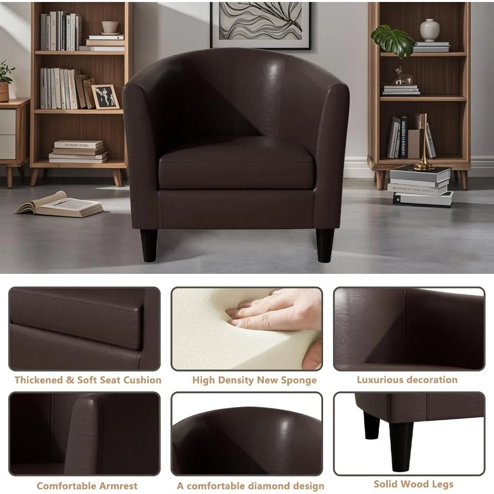 Living Room Chairs with Soft Padded, Barrel Chairs with Solid Wood Legs, Easy Assembly, Leather Chair for Living Room/Bedroom/Re