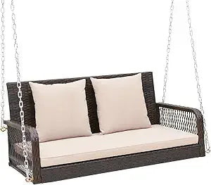 Outdoor Wicker Swing Bench with Cushions and Hanging Chains, 800 lbs Capacity, 2-Seater, Durable Porch Swing for Relaxation