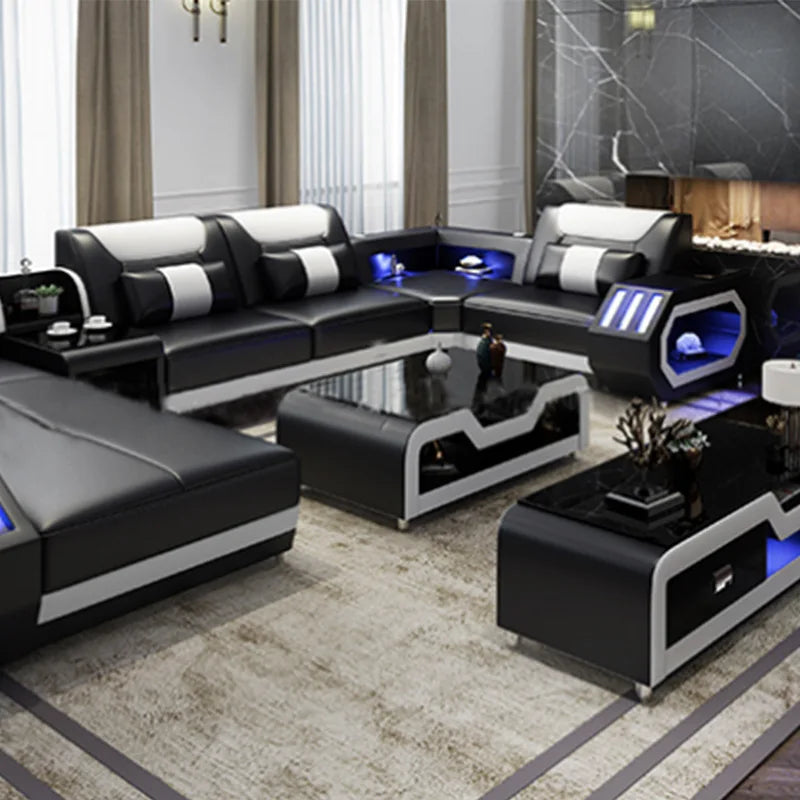 2025 High Quality Modern Luxury smart Leather Sectional Sofa Chairs Set Couch Living Room furniture Sofas With Led