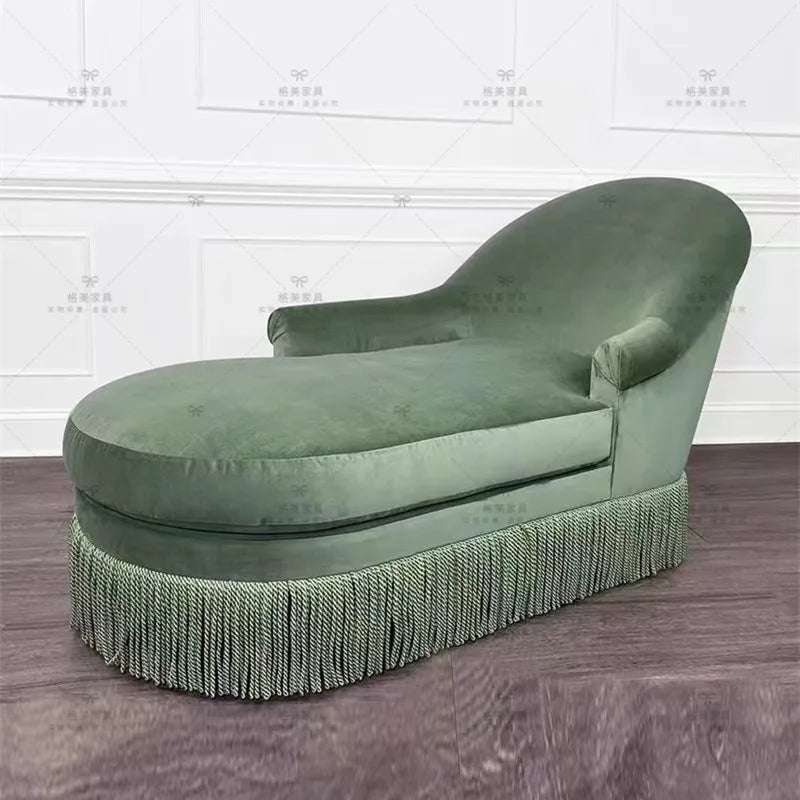 Tassel velvet solid wood fabric living room princess reclining chair retro haze blue creative sofa single chair