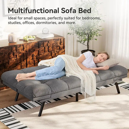 Convertible Sofa Bed with Grey Linen Upholstery, Detachable Cushion, Adjustable Backrest & Armrest, Ideal for Small Recliner Lov
