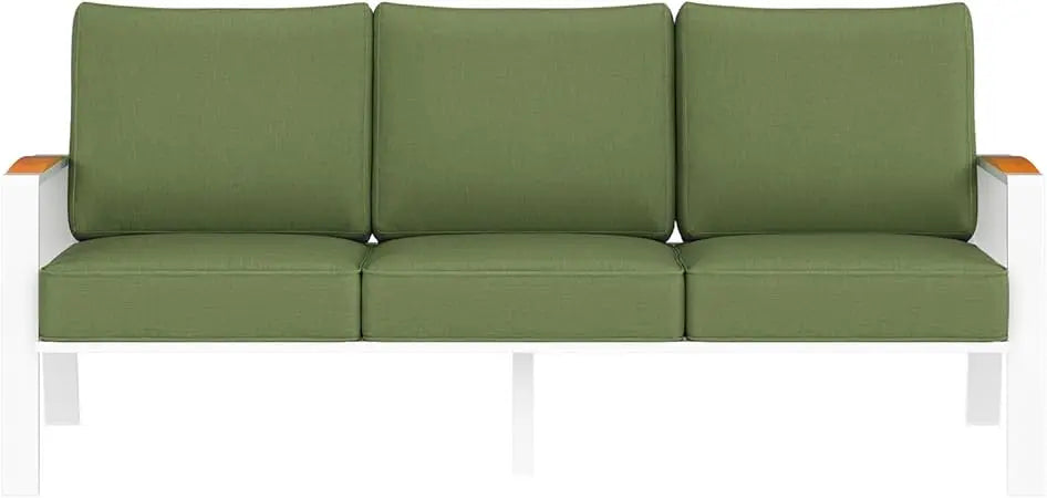 Outdoor Couch Aluminum Patio Furniture Set, All-Weather Metal 3-Seat Sofa with Solid Teak Armrest and Thick Cushions, Green